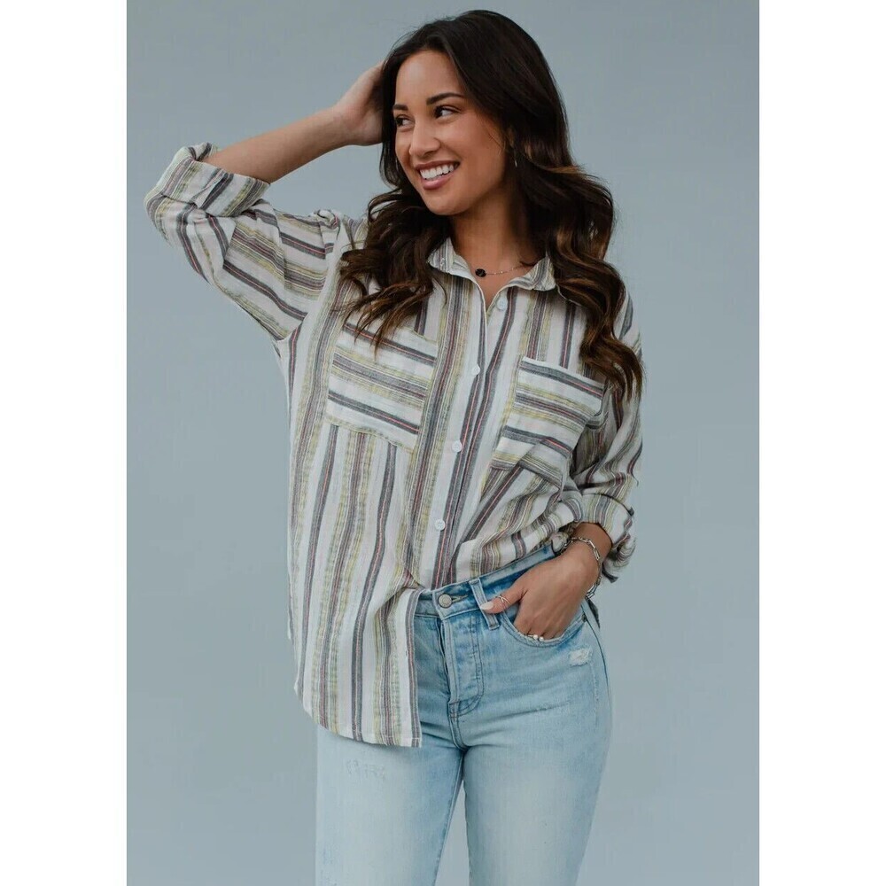 Panache Apparel Large Iris Striped Button Up Tunic Shirt Long Sleeve Womens